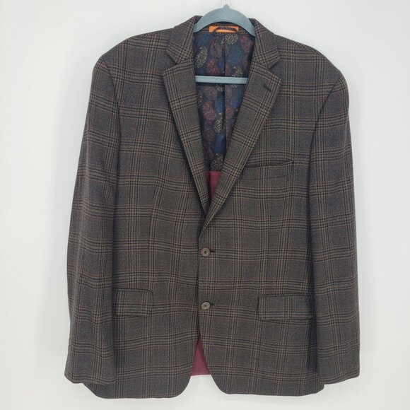 Tallia Wool Plaid Suit Sports Coat Blazer Jacket 44R Men's 2 Button Brown Black - Picture 1 of 10